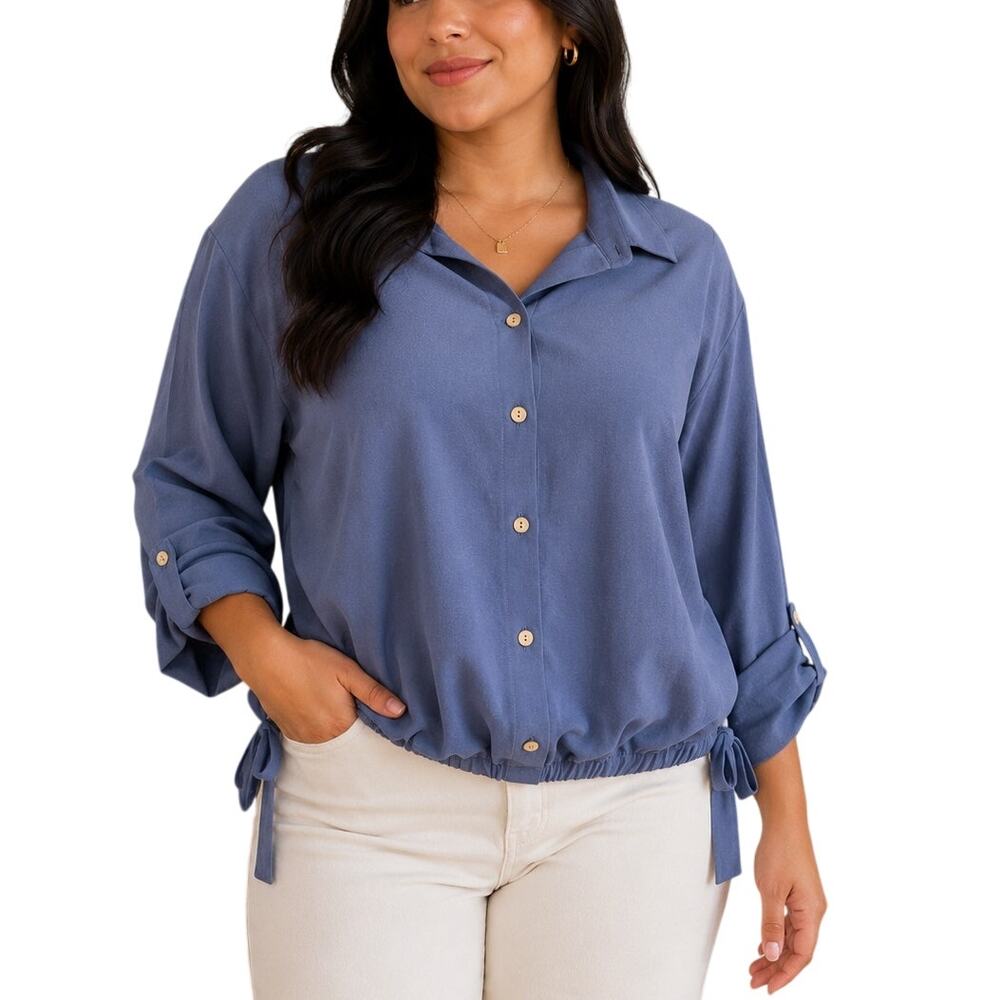 BCX Blue Button Front Blouse Medium Office Siren Side Bow